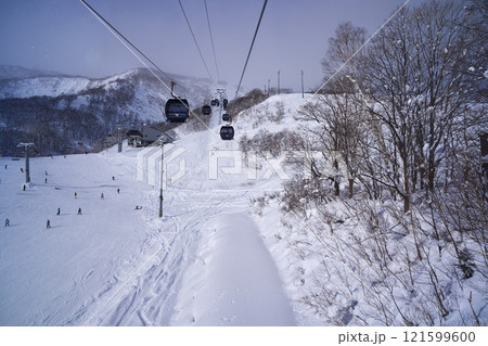 ニセコ東急 グラン・ヒラフ・ゲレンデのせんの木コース上のエースゴンドラ内から山頂駅方面を望む 121599600