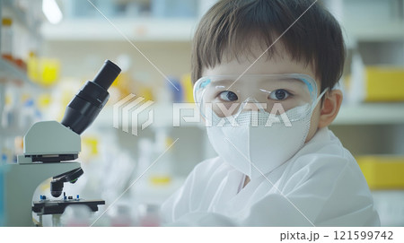 白衣を着て研究をするアジア人男の子01 121599742