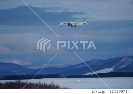 美瑛上空を飛ぶ飛行機 121599754