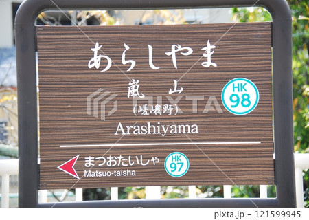 阪急 嵐山線 嵐山駅(HK98)の駅名表示板(京都市西京区) 121599945