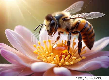 macro photography. bee collecting honey from flowers, on a summer day 121599992