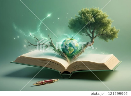 an open book with a growing tree is shrouded in magic and sorcery 121599995
