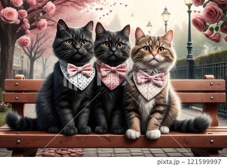 image of cute cats in love, red roses and valentines, postcard, valentine's day 121599997