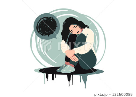 Depressed woman sitting on floor. Mental health concept. Depression, bipolar disorder, obsessive compulsive, post traumatic stress disorder. Vector illustration. 121600089