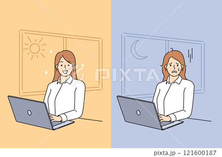 Woman feels tired and exhausted due to overwork and working with computer at night 121600187