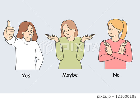 Woman makes decision and demonstrates yes, no, or probably gestures after hearing question 121600188