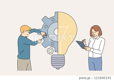 Teamwork of engineers developing innovative product and creating prototype after ideas arise 121600191