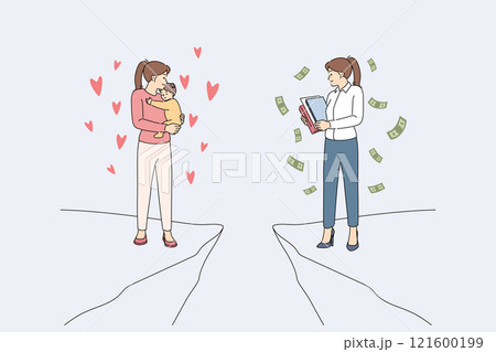 Woman maintains life balance between quarry and raising family, standing on opposite cliffs Woman maintains life balance between quarry and raising family, standing on opposite cliffs 121600199