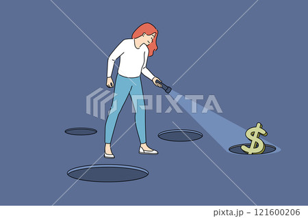 Woman is looking for money using flashlight, shining on dollar symbol sticking out of hole in ground 121600206