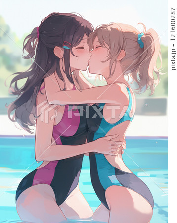水着の美女二人がキスをするシーン 121600287