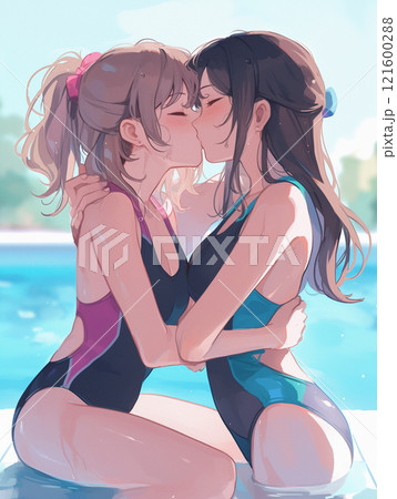 水着の美女二人がキスをするシーン 121600288