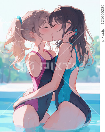 水着の美女二人がキスをするシーン 121600289