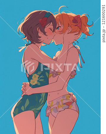 水着の美女二人がキスをするシーン 121600291
