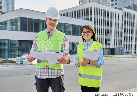 Two industrial workers looking at camera, outdoors on construction site 121600305