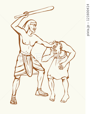 Vector drawing. A soldier beating a slave Vector drawing. A soldier beating a slave 121600414