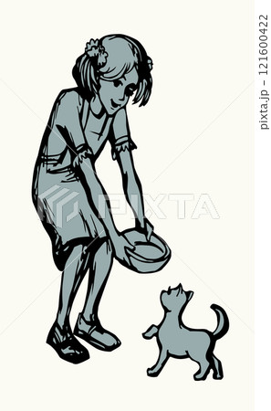 Vector Drawing. Girl feeding a cat 121600422