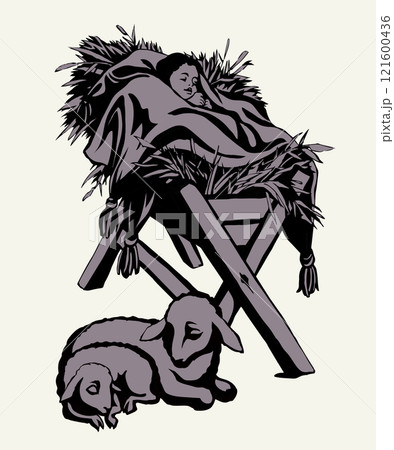 Vector drawing. Baby in a manger 121600436
