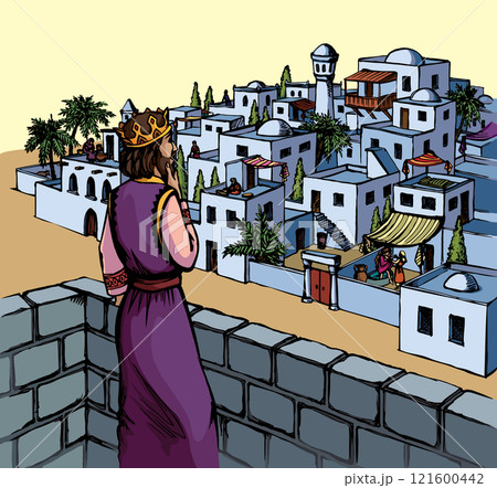 Vector drawing. King David on the roof of palace Vector drawing. King David on the roof of palace 121600442