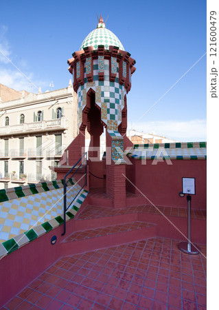 Unique architecture of Casa Vicens by Gaudi in Barcelona, Spain showcasing vibrant colors and decorative tiles 121600479