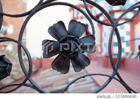 Intricate metalwork detail at Casa Vicens by Gaudi in Barcelona Spain showcases artistic design and craftsmanship in 21st century architecture 121600480