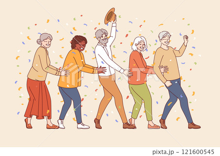 Party of elderly people dancing and standing in row, enjoying retirement and not having to work 121600545