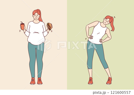 Obesity woman lost weight thanks to diet and exercise and acquired beautiful and slender body 121600557