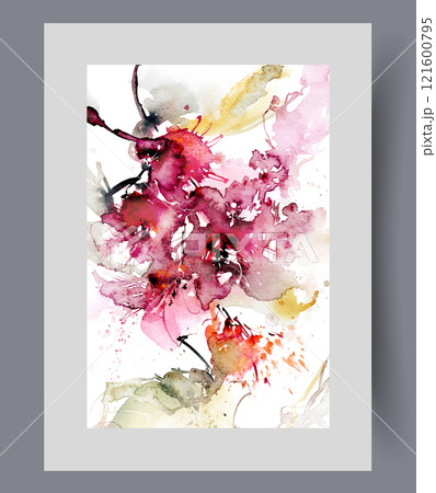 Abstract botanical poster with red flowers and splashes of watercolor paints instead of petals 121600795