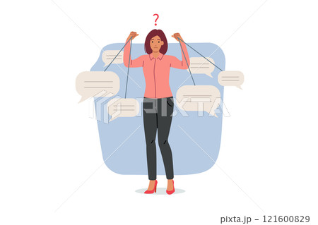 Woman victim of public opinion holds dialogue clouds in form of comments in hands 121600829