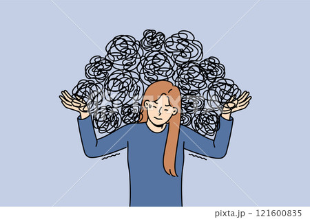 Woman feels mental pressure due to burden chaotic thoughts caused by psychological trauma from past Woman feels mental pressure due to burden chaotic thoughts caused by psychological trauma from past 121600835