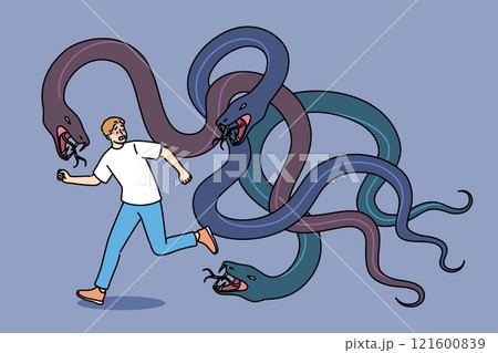 Giant snakes chase frightened man suffering from panic attacks caused by schizophrenia 121600839
