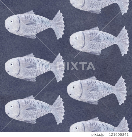 Silver fish seamless pattern on grey background. High quality hand-drawn watercolor pencil flat illustration for notebooks, wrapping paper, fishing, packaging, cards, tourism, logo and decoration 121600841