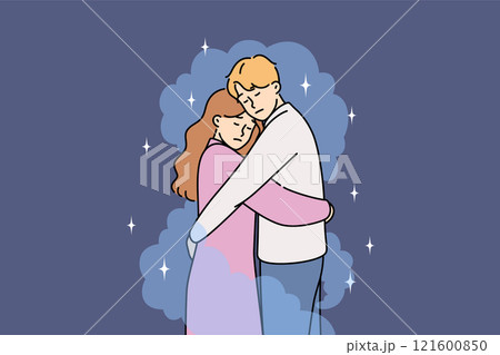 Hugs man and woman to support other half in difficult moments of life and in stressful situations 121600850