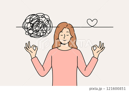 Woman meditates and demonstrates ability to maintain balance and clear head chaos 121600851