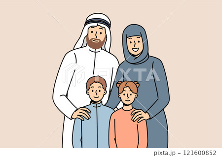 Arab family of man in white sheikh robe and woman in hijab standing with two teenage children 121600852