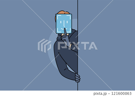 Hacker with fake facial biometrics wants to commit fraudulent actions to log into protected system Hacker with fake facial biometrics wants to commit fraudulent actions to log into protected system 121600863