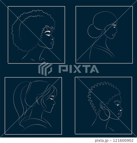Line art. Set of portraits of girls of different nationalities 121600902