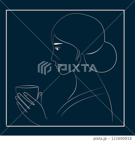 Line Art Portrait of Native American Woman Enjoying Coffee in a Takeaway Cup Line Art Portrait of Native American Woman Enjoying Coffee in a Takeaway Cup 121600918