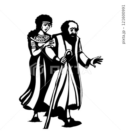 Vector drawing. Young girl helps a blind man 121600991