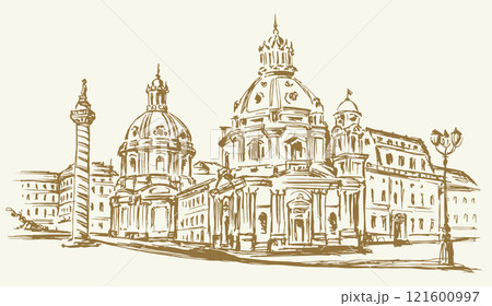 Vector drawing. Sketch of square in Rome. 121600997