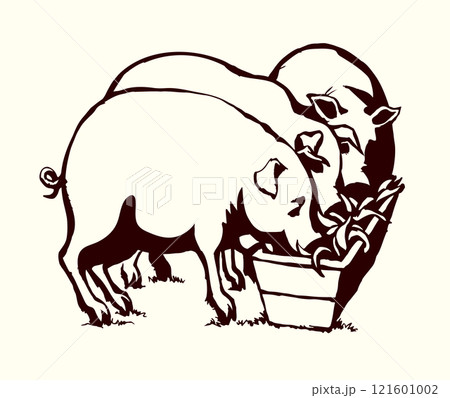Vector drawing. Pigs eating rhe food Vector drawing. Pigs eating rhe food 121601002