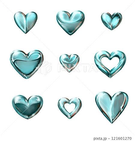 Set of abstract blue-green metallic hearts, paper stickers on white background 121601270