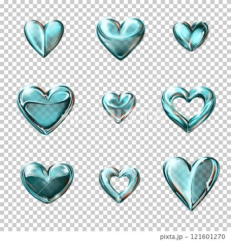 Set of abstract blue-green metallic hearts, paper stickers on white background 121601270