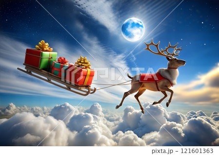 santa claus flying sleigh sky on christmas eve delivering presents children world, winter snow ice cold 121601363