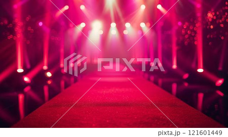 Red carpet with bright lights in background, fame luxury wealth spotlight 121601449