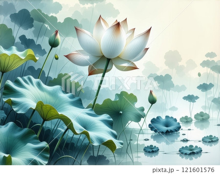 Lotus flower blooms in serene pond surrounded by lush greenery and soft misty atmosphere 121601576