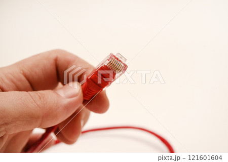 Red internet cable in hand. The RJ-45 connector. 121601604