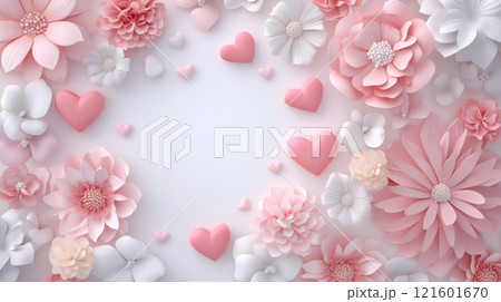 Valentine day concept. Soft pink and white floral arrangement with hearts on light background Valentine day concept. Soft pink and white floral arrangement with hearts on light background 121601670