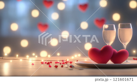 Valentine day concept. Romantic table setting with heart decor, wine glasses, and bokeh lights Valentine day concept. Romantic table setting with heart decor, wine glasses, and bokeh lights 121601671