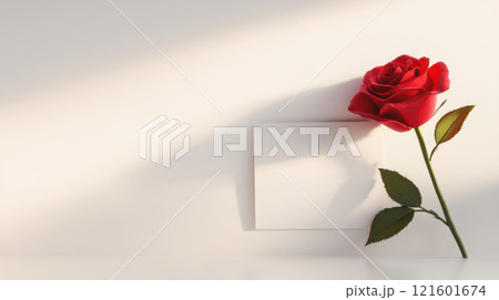 Valentine day concept. red rose with green leaves and blank white card on clean white background 121601674