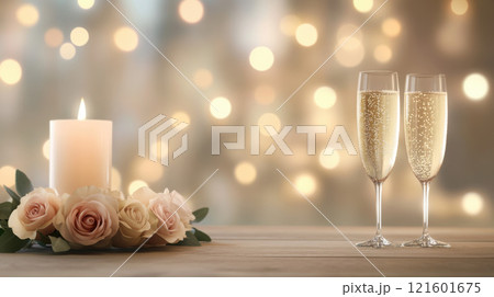 Valentine day concept. Romantic candlelight with roses and champagne glasses on wooden table Valentine day concept. Romantic candlelight with roses and champagne glasses on wooden table 121601675